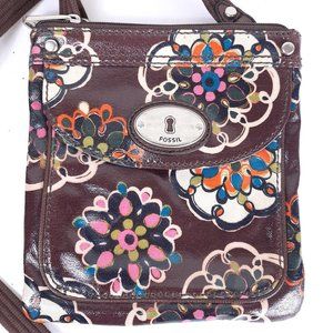 Fossil Brown Red Floral Coated Canvas Crossbody Ha